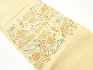 手織り紬ふくれ織抽象花唐草模様織出し名古屋帯